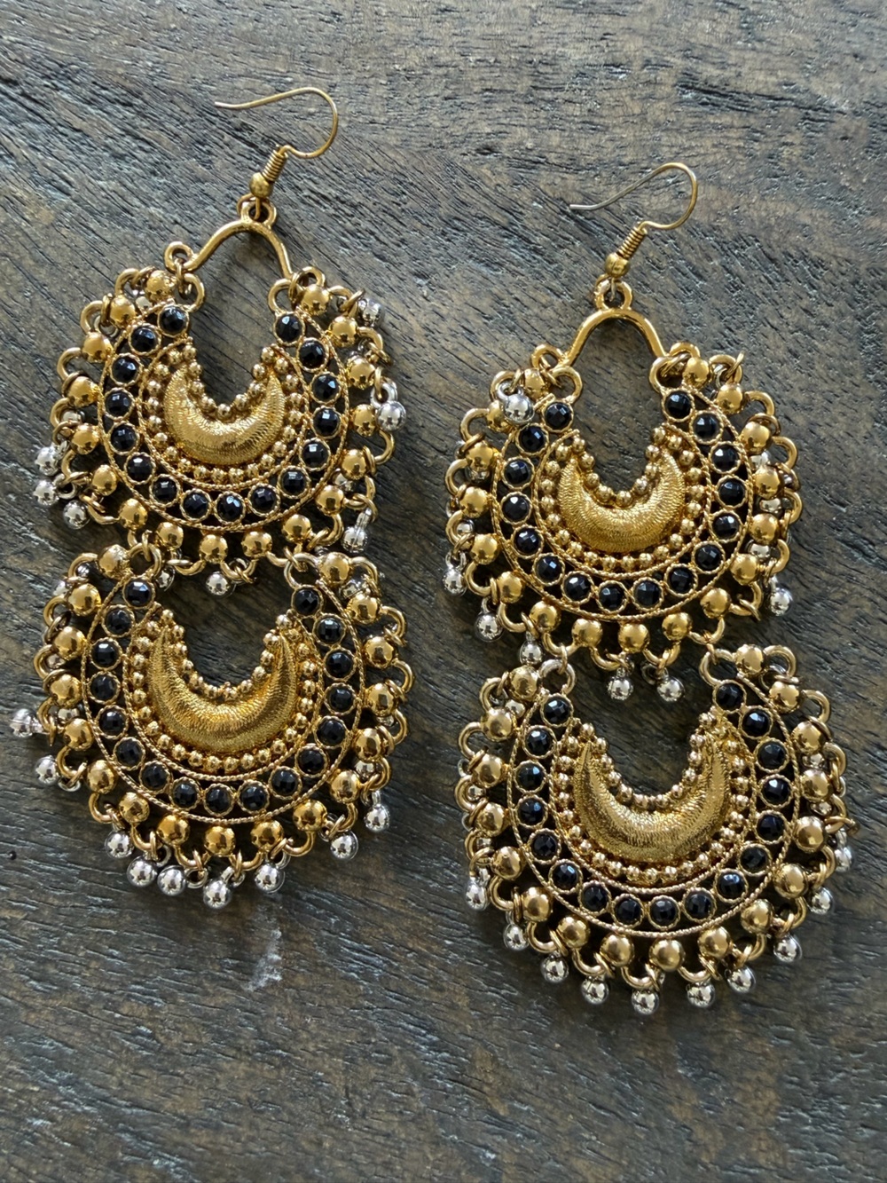 Gold and Black Crescent Filigree Drop Earrings - Women Jewelry